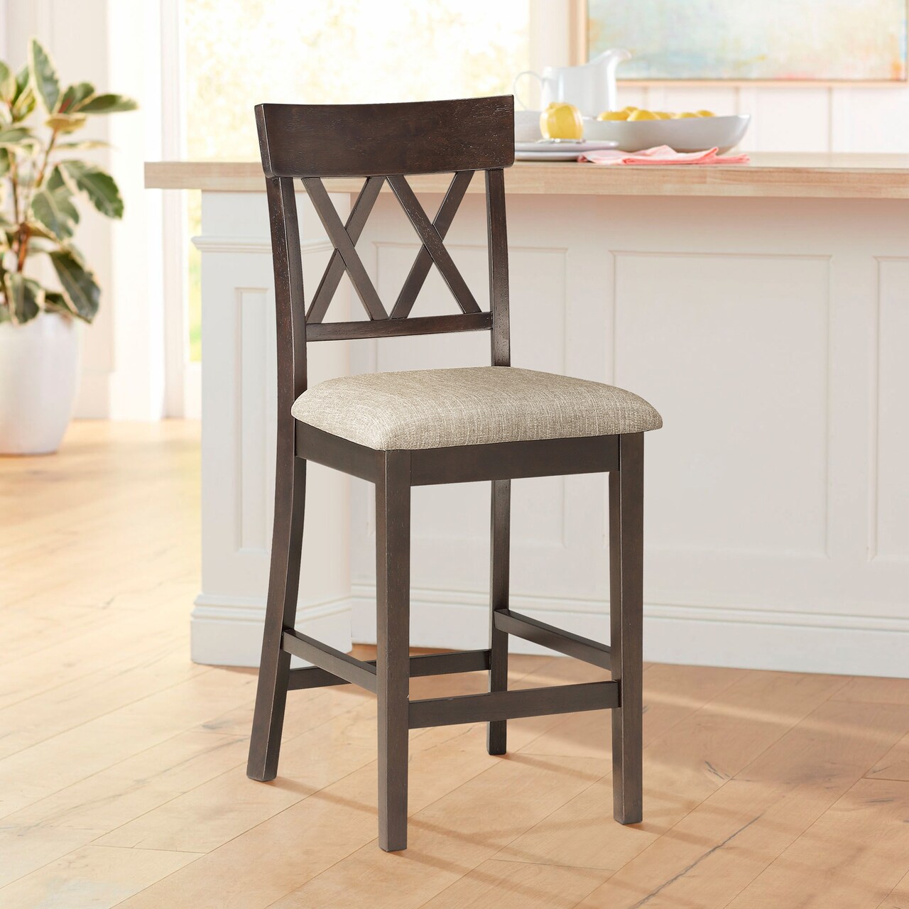 Contemporary Home Living Set of 2 Brown and Beige Double X Back Wooden Bar Stool with Padded Seats 42"